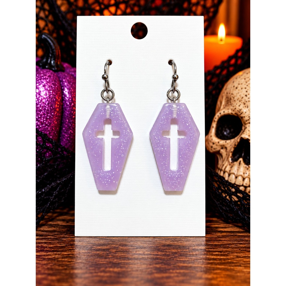 Glitter Resin Coffin Cross Earrings Gothic Halloween Dangle Earrings Handmade